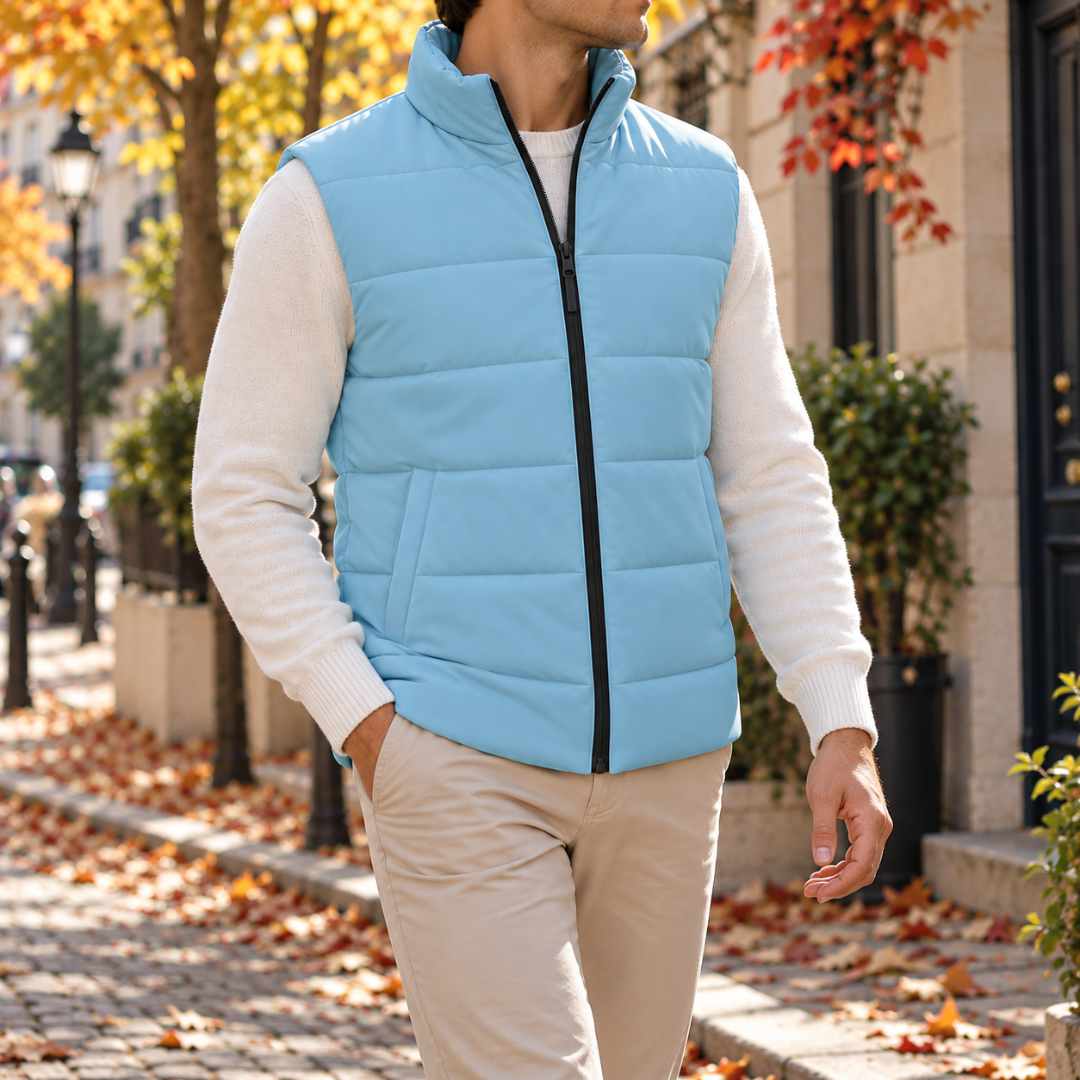 Uomo indossa gilet imbottito celeste con zip nera frontale aperta