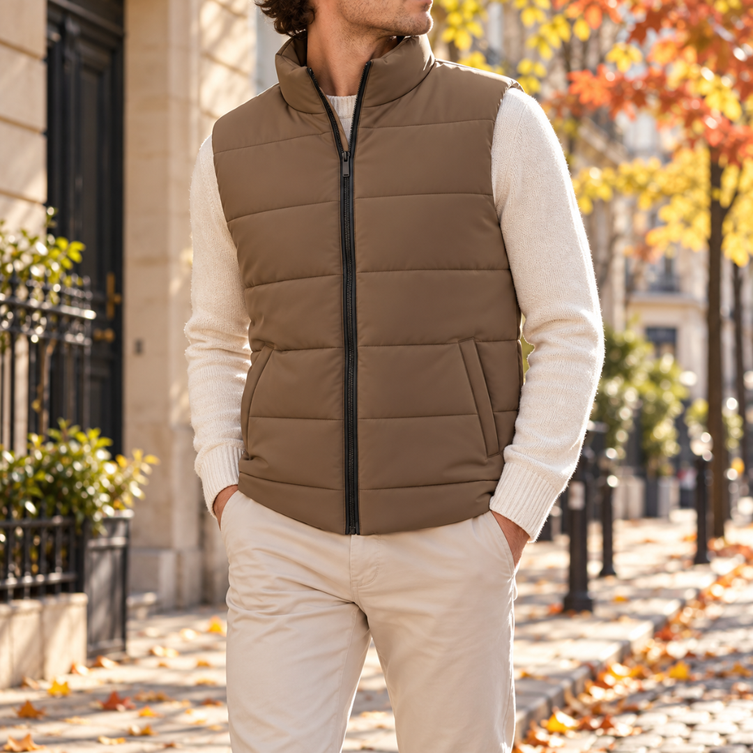 Gilet imbottito marrone con trapuntatura orizzontale e tasche a filo