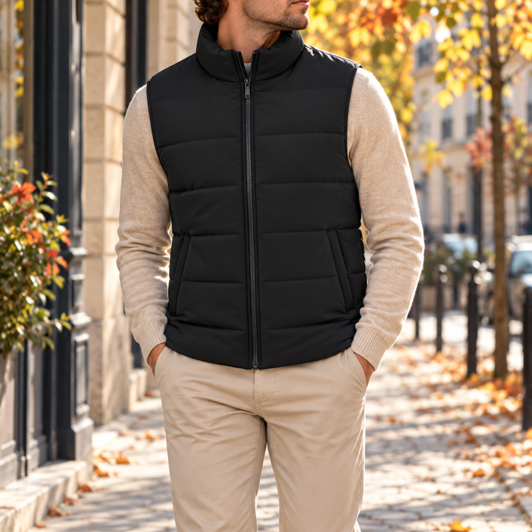 Gilet nero imbottito indossato su maglione chiaro, zip frontale chiusa