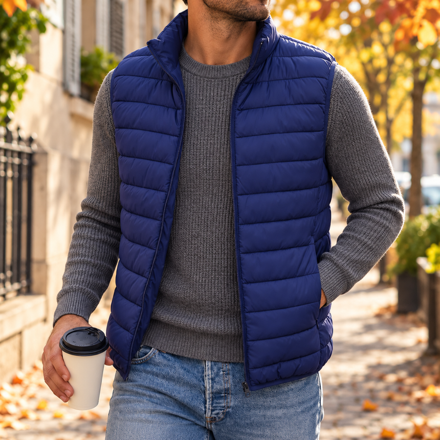 Gilet uomo blu trapuntato aperto con collo alto, indossato su maglione grigio
