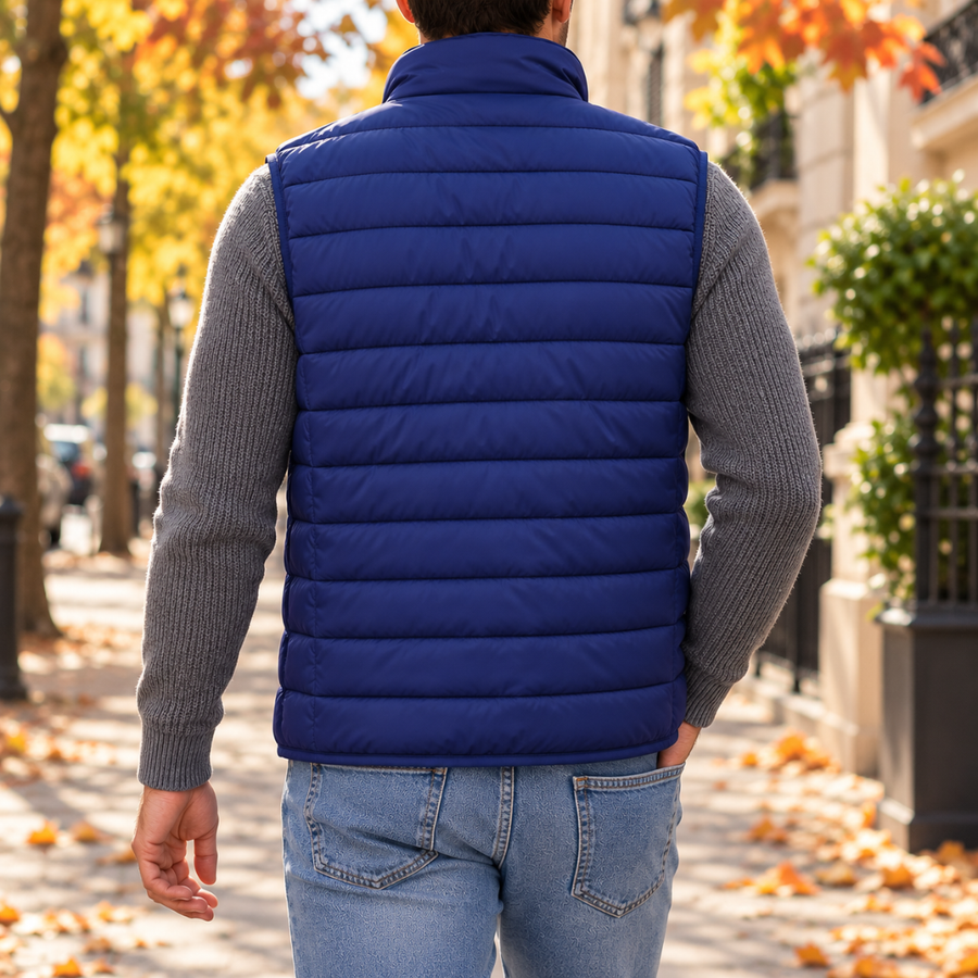 Vista posteriore del gilet uomo blu con trapuntatura a righe orizzontali e collo alto