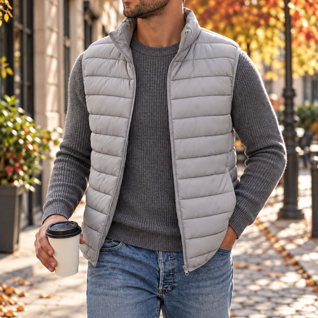 Gilet uomo grigio chiaro trapuntato con zip e collo alto su maglione grigio