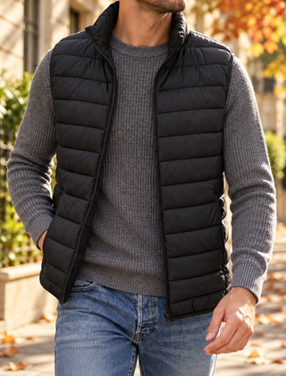 Gilet uomo nero trapuntato con collo alto, indossato aperto sopra un maglione