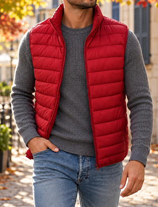 Gilet uomo rosso smanicato con trapuntatura orizzontale e chiusura con zip aperta
