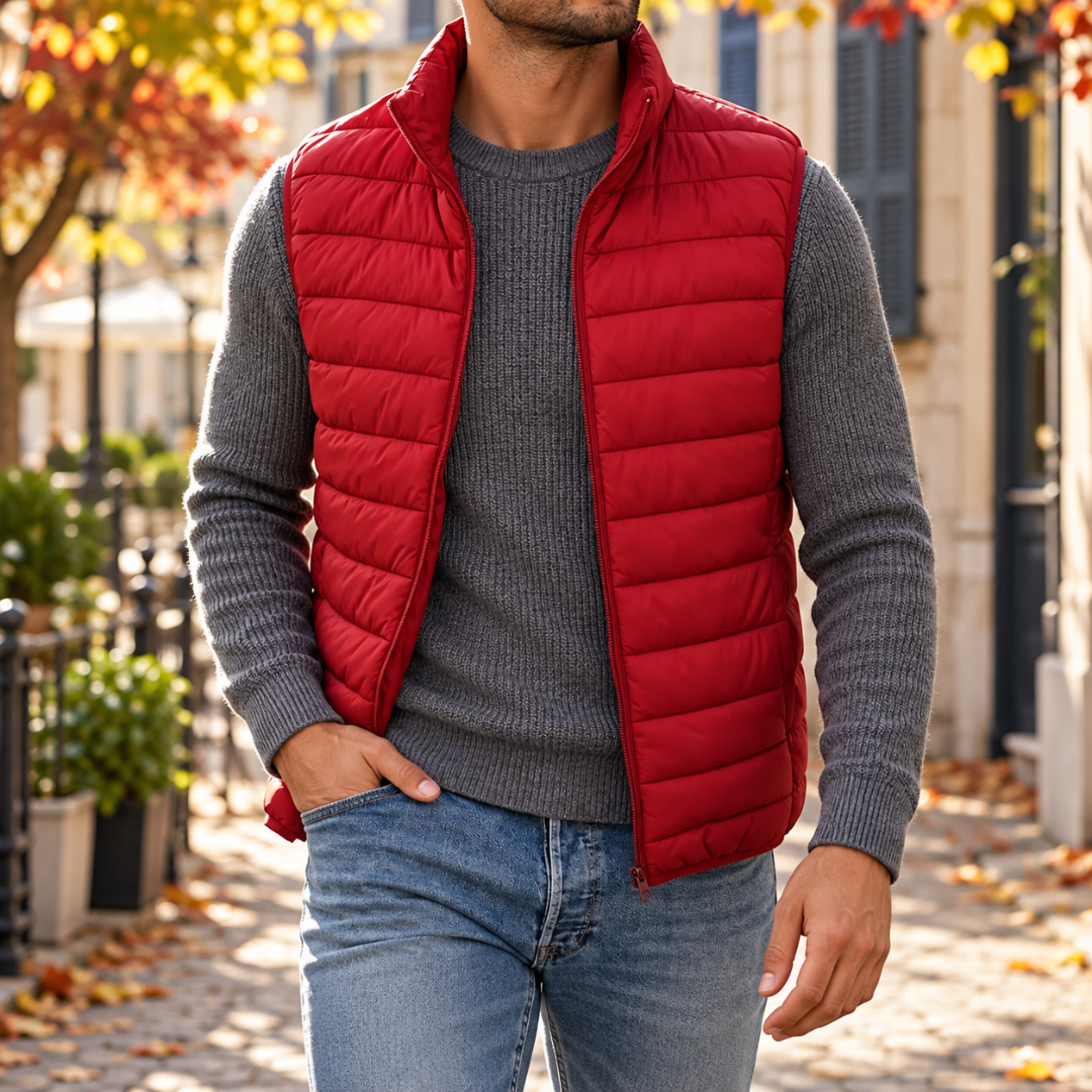 Gilet uomo rosso smanicato con trapuntatura orizzontale e chiusura con zip aperta