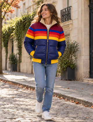 Giubbotto imbottito blu navy con righe multicolore e collo montante alto