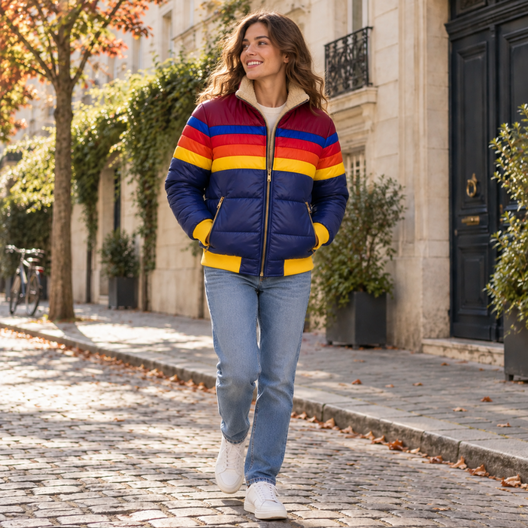 Giubbotto imbottito blu navy con righe multicolore e collo montante alto