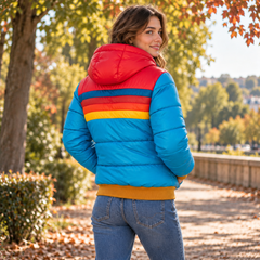 Retro del giubbotto celeste con cappuccio rosso e righe multicolore sulla schiena