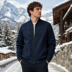 Bomber uomo blu navy con collo alto a coste e zip centrale