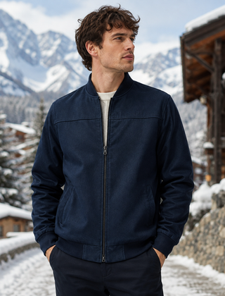Bomber uomo blu navy con collo alto a coste e zip centrale