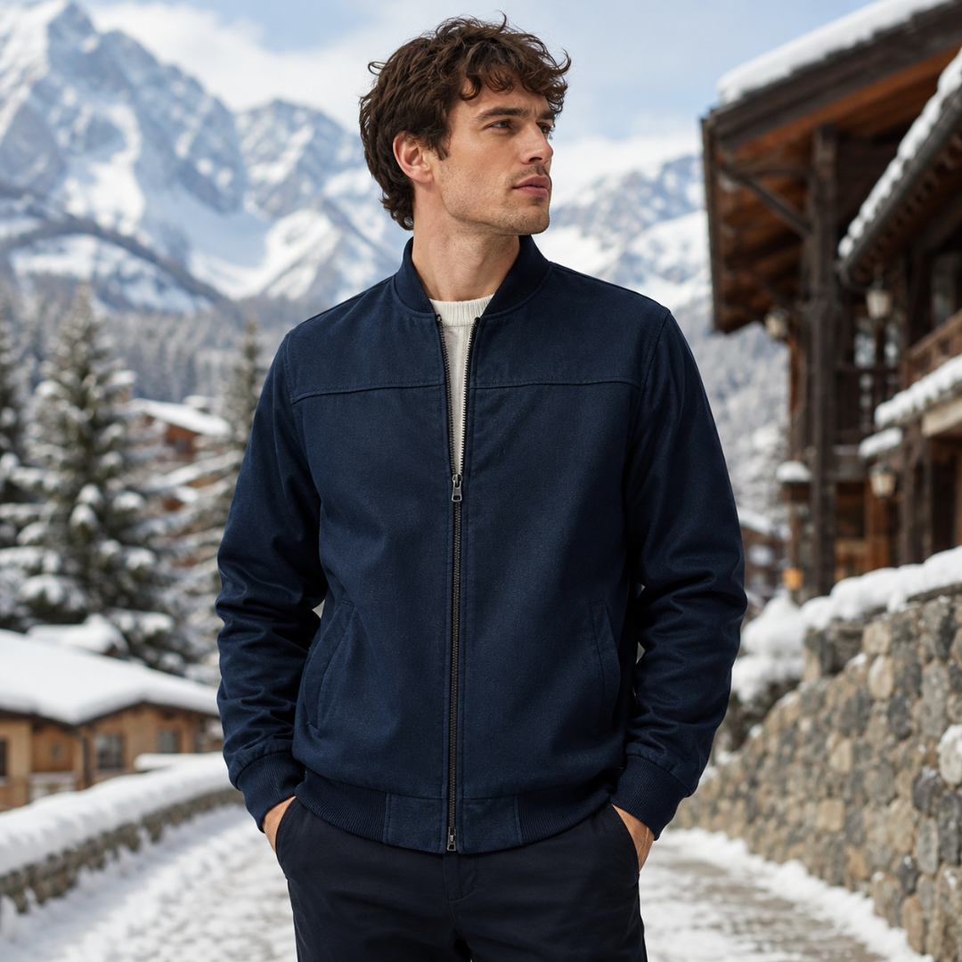 Bomber uomo blu navy con collo alto a coste e zip centrale