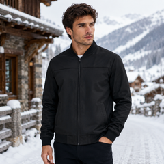 Bomber uomo nero con zip centrale, collo a coste e tasche laterali