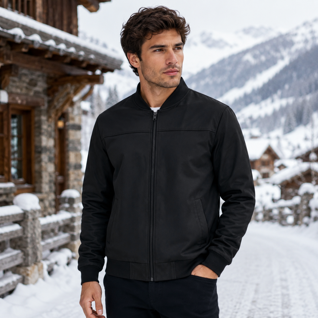 Bomber uomo nero con zip centrale, collo a coste e tasche laterali