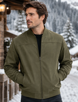 Bomber uomo verde con zip centrale, tasche laterali e polsini a coste