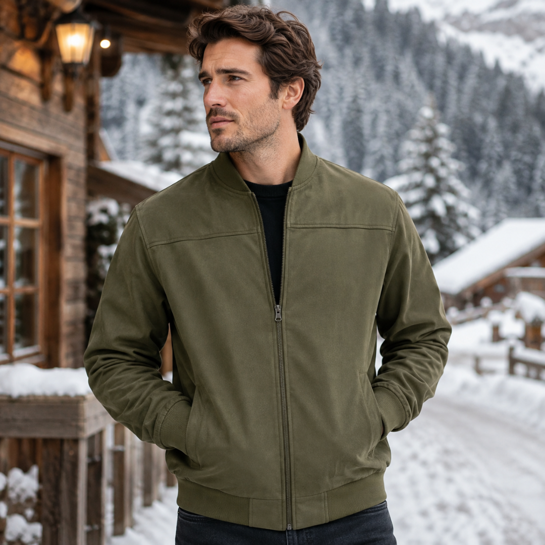 Bomber uomo verde con zip centrale, tasche laterali e polsini a coste