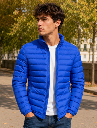 Giubbotto trapuntato blu royal aperto, indossato su t-shirt bianca e pantaloni scuri