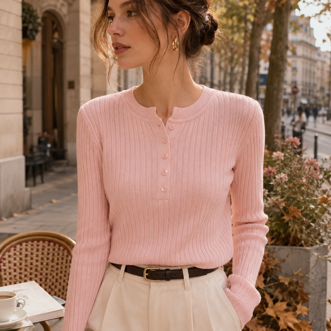 Maglia donna rosa a costine con scollo tondo e bottoni sul davanti