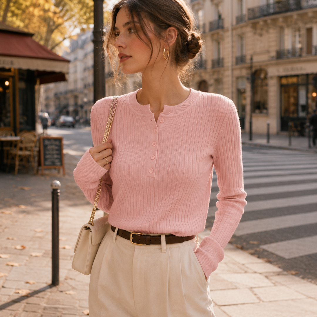Maglia donna rosa a costine con maniche lunghe e pantaloni chiari