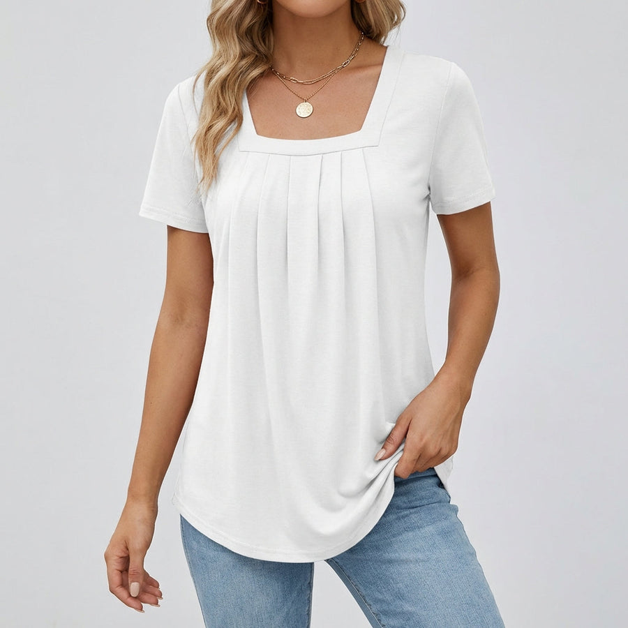 Maglia donna bianca con scollo quadrato e pieghe morbide sul davanti, maniche corte