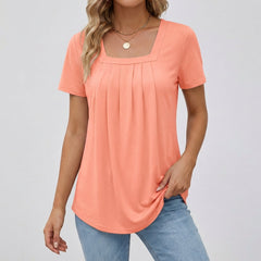 Maglia donna corallo con scollo quadrato, maniche corte e orlo curvo morbido