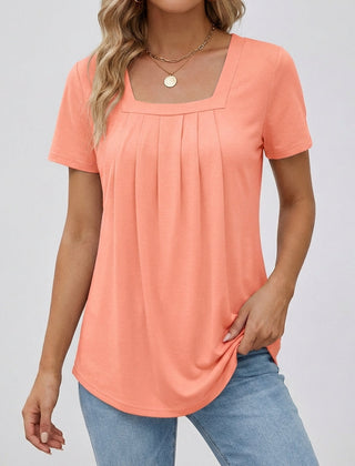 Maglia donna corallo con scollo quadrato, maniche corte e orlo curvo morbido