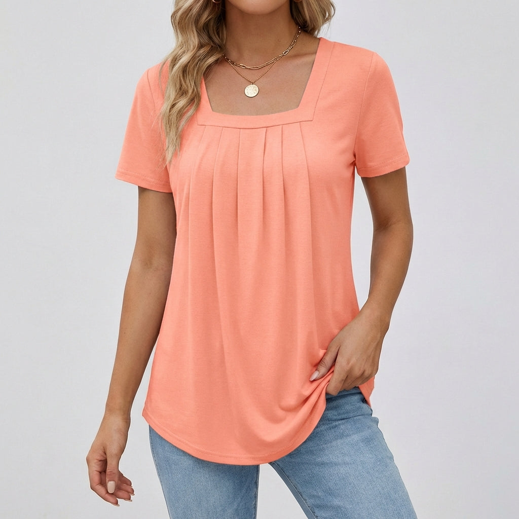 Maglia donna corallo con scollo quadrato, maniche corte e orlo curvo morbido