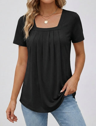 Maglia donna nera scollo quadrato, drappeggio plissettato centrale e orlo arrotondato sui fianchi