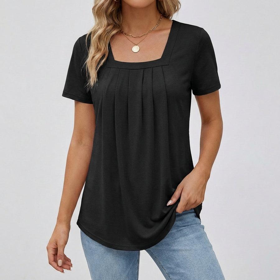 Maglia donna nera scollo quadrato, drappeggio plissettato centrale e orlo arrotondato sui fianchi