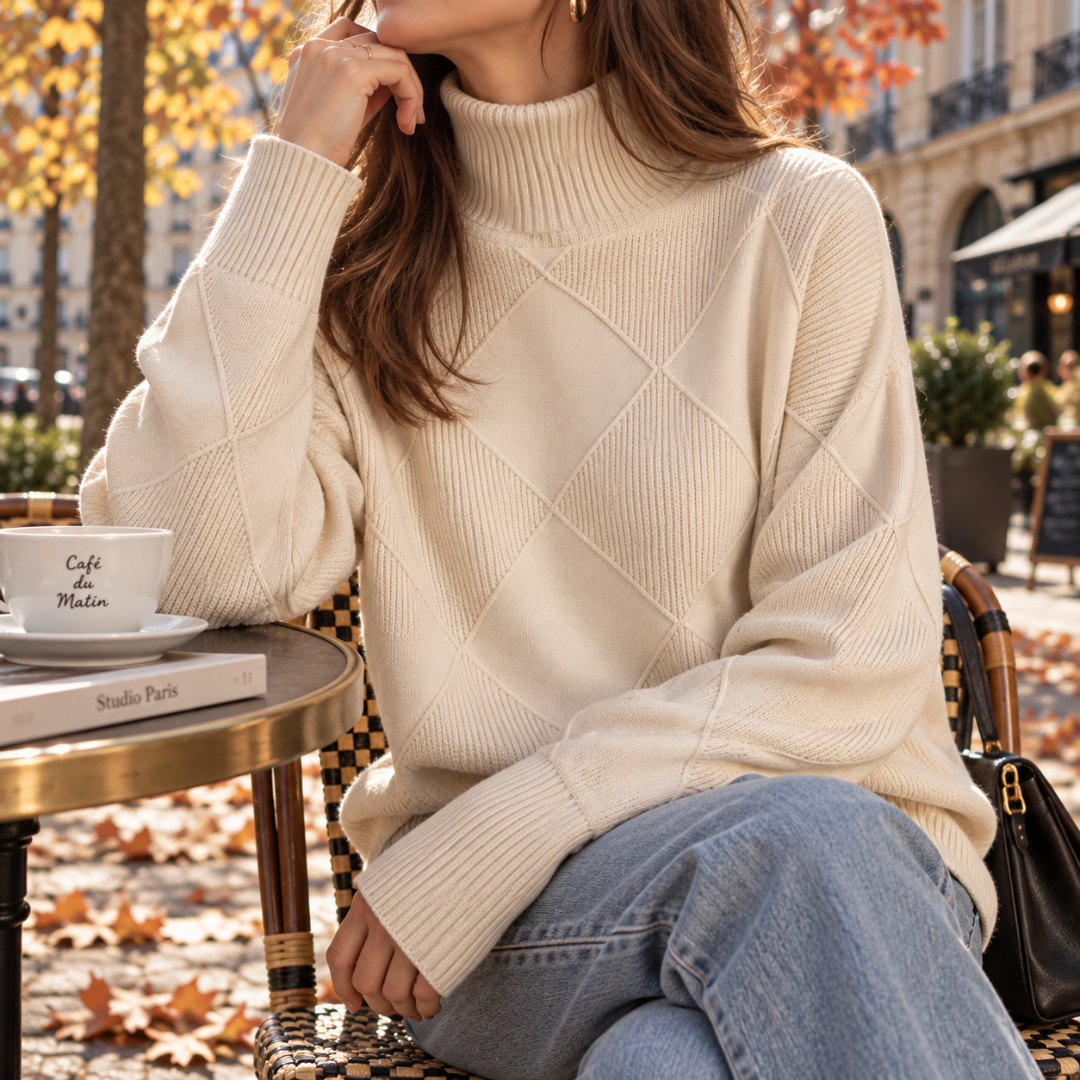 Maglione donna beige a collo alto con rombi in rilievo e polsini a coste
