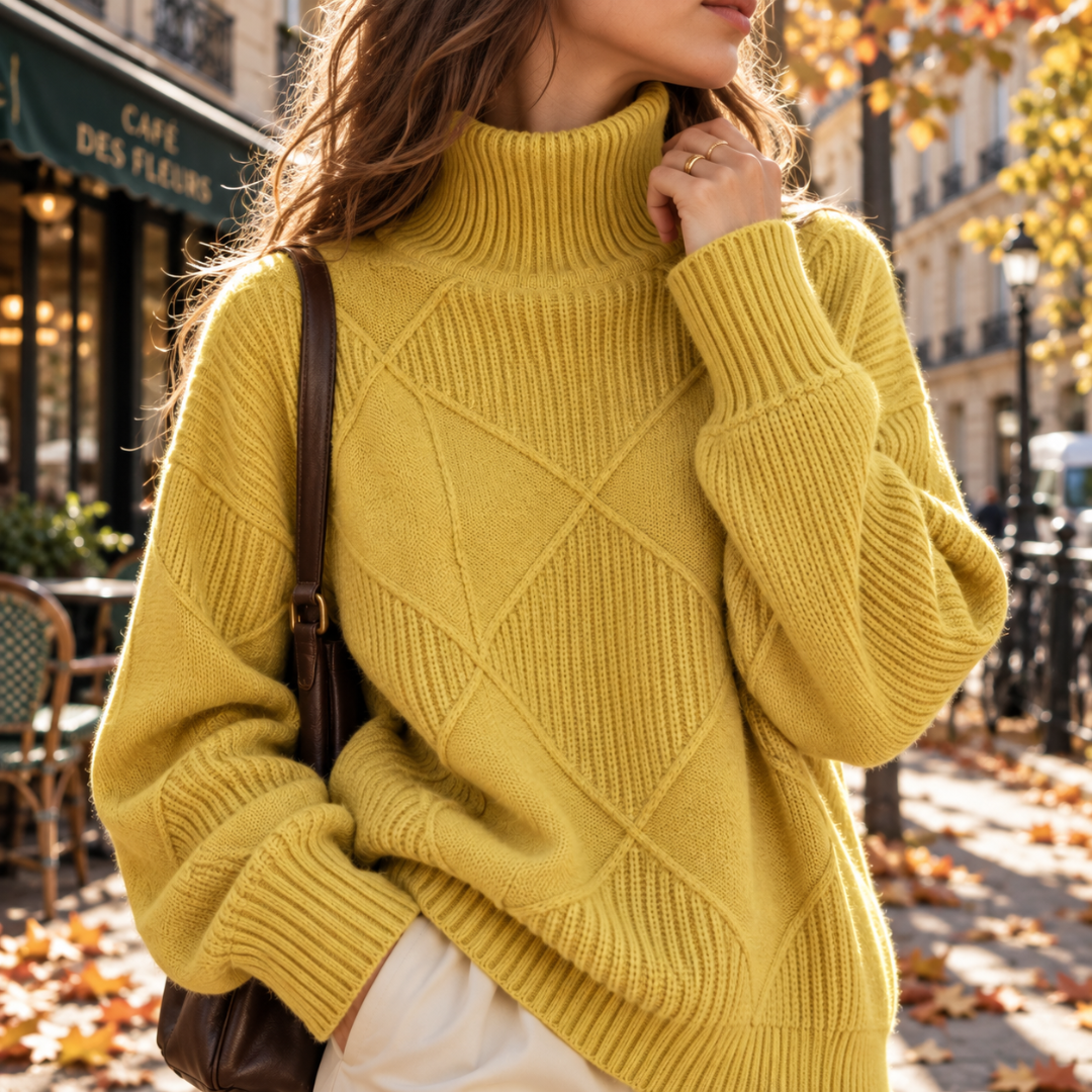 Maglione donna giallo a collo alto con motivo a rombi e maniche lunghe