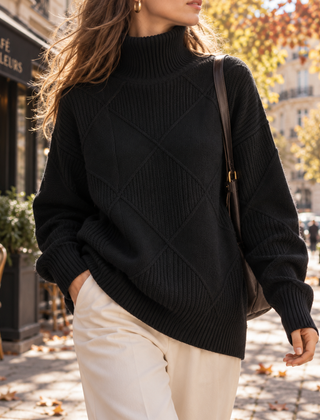 Maglione donna nero a collo alto con motivo a rombi e fondo a coste