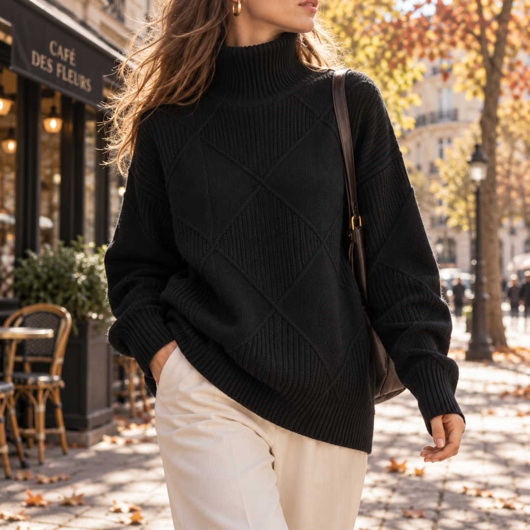 Maglione donna nero a collo alto con motivo a rombi e fondo a coste