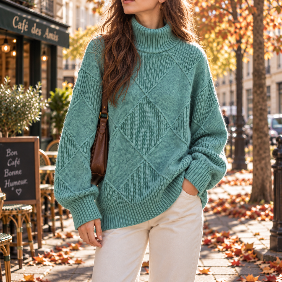 Maglione donna verde a collo alto con motivo a rombi e bordi a coste