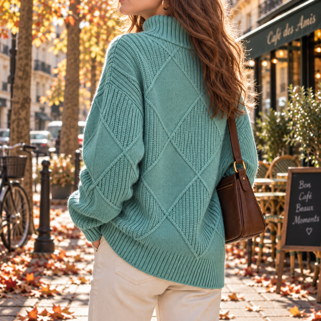 Retro del maglione donna verde con rombi in rilievo e fondo a coste