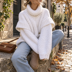 Maglione dolcevita bianco in maglia grossa con collo alto ampio e polsini a coste