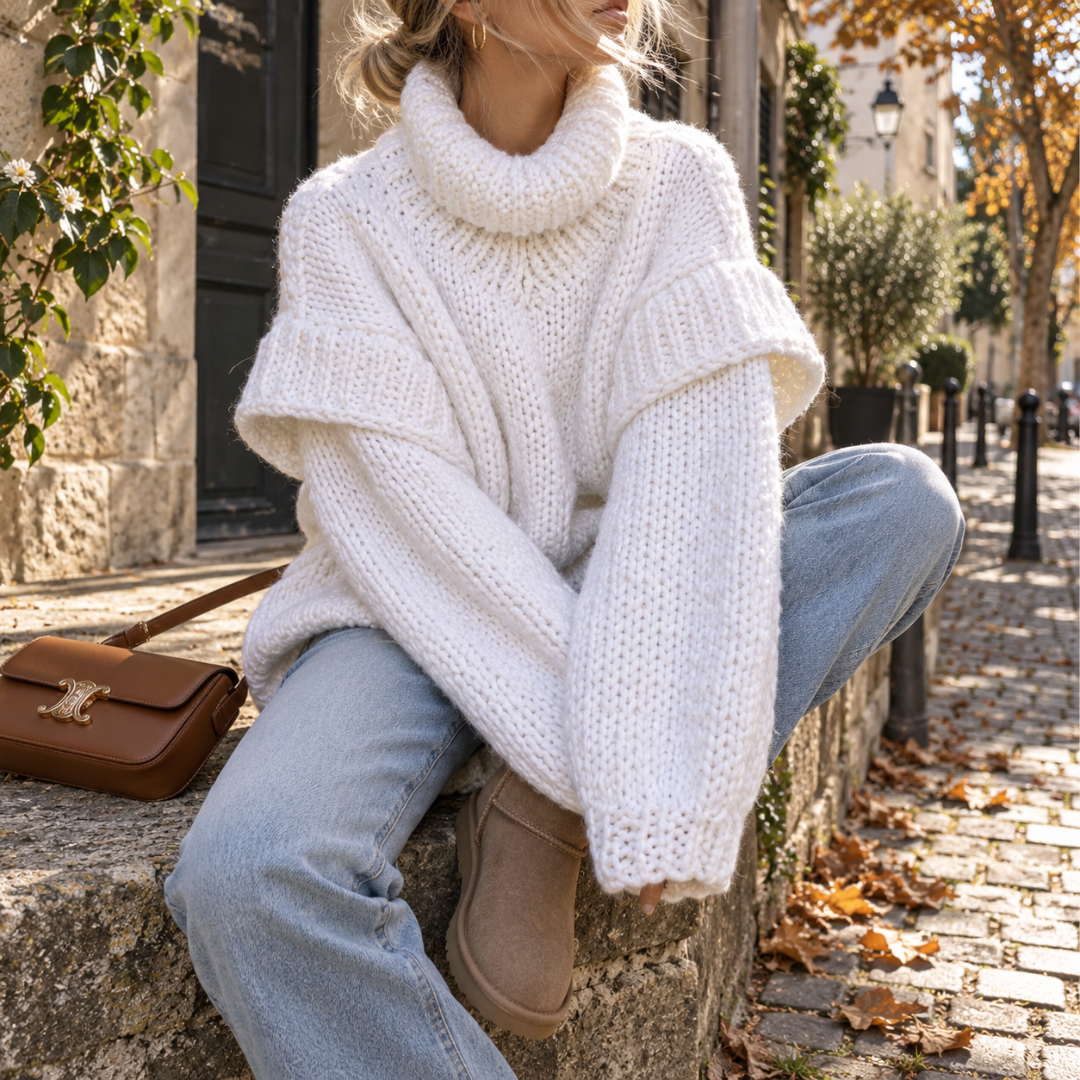 Maglione dolcevita bianco in maglia grossa con collo alto ampio e polsini a coste