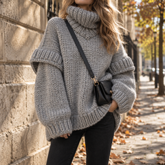 Maglione dolcevita grigio in maglia grossa con maniche lunghe e polsini a coste