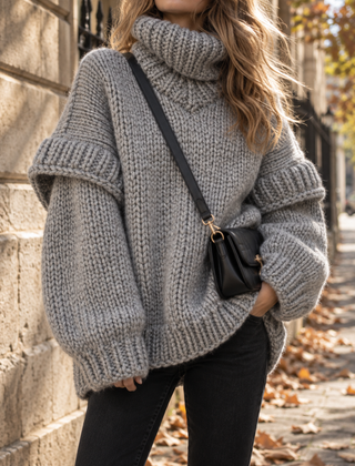 Maglione dolcevita grigio in maglia grossa con maniche lunghe e polsini a coste