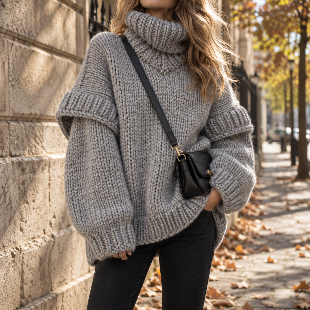 Maglione dolcevita grigio in maglia grossa con maniche lunghe e polsini a coste