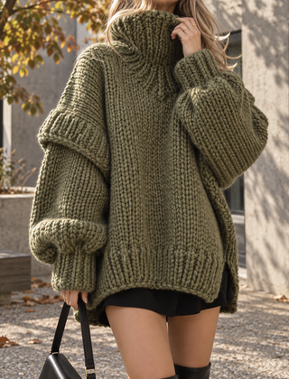 Maglione verde militare in maglia grossa con collo alto e maniche ampie