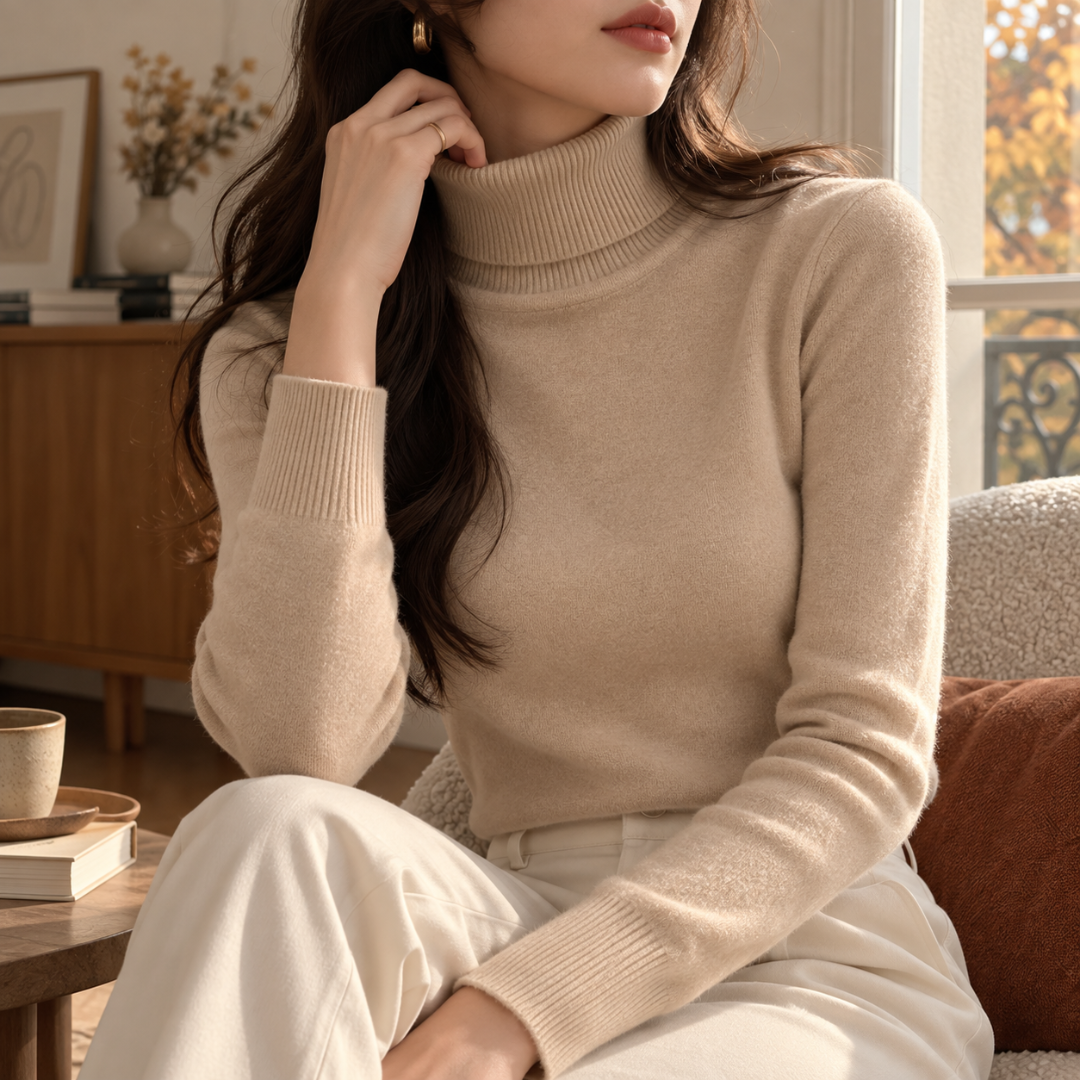 Maglione beige a collo alto con polsini a coste e maniche lunghe