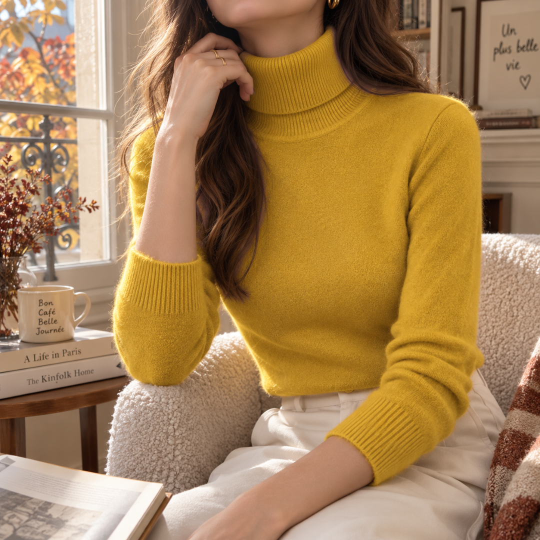 Dolcevita giallo senape da donna con bordi a coste e maglia fine