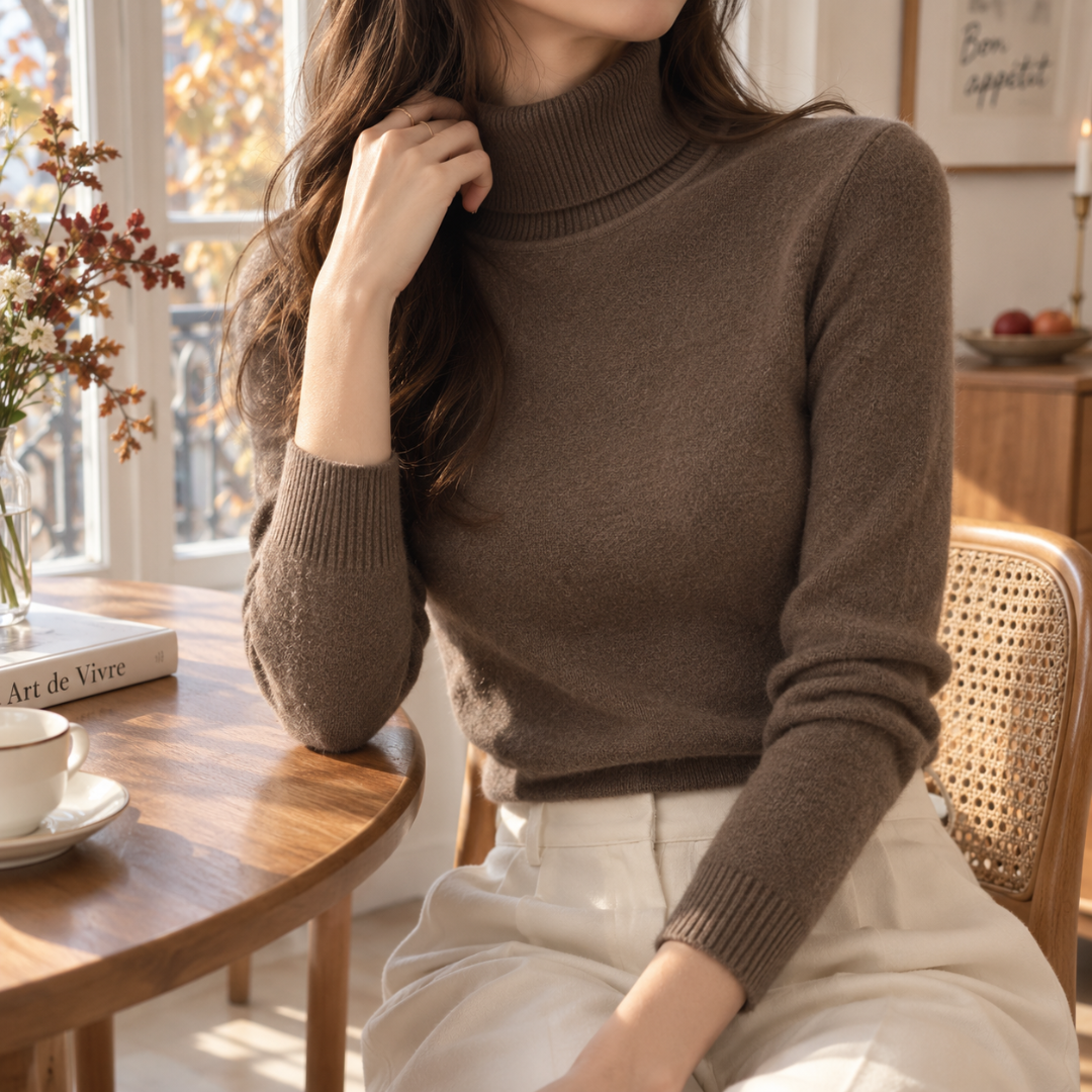 Maglione marrone dolcevita con collo risvoltato e polsini a coste stretti