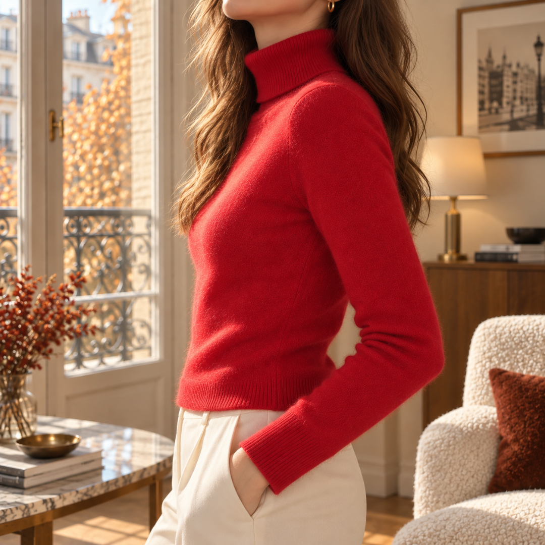 Vista laterale del maglione rosso dolcevita con maglia fine in tinta unita