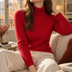 Maglione rosso a collo alto abbinato a pantaloni chiari a vita alta