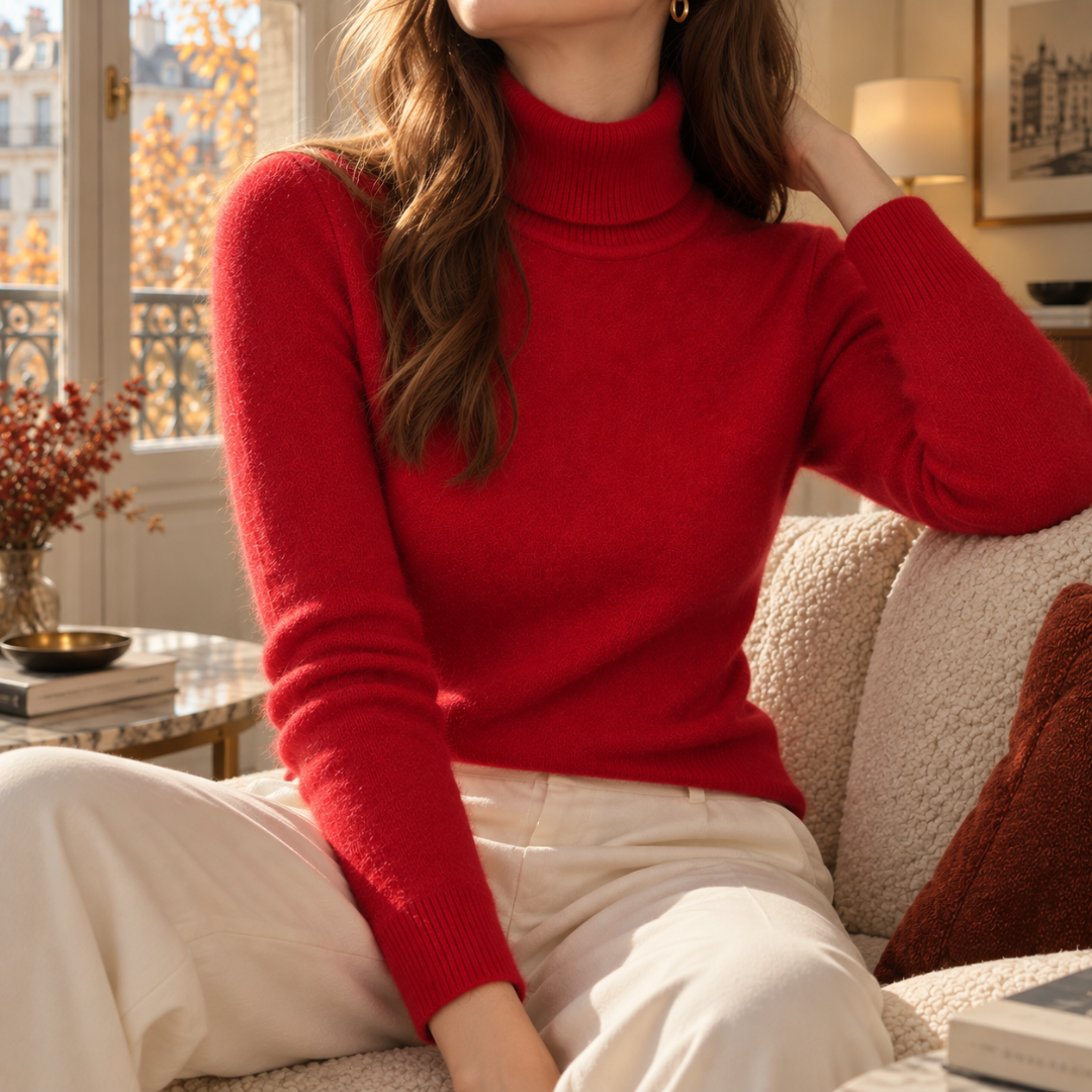 Maglione rosso a collo alto abbinato a pantaloni chiari a vita alta