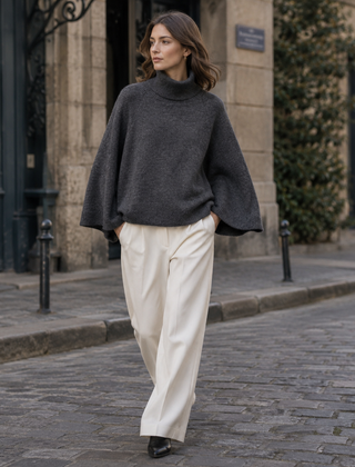 Maglione donna grigio scuro con collo alto dolcevita e maniche ampie, vista frontale