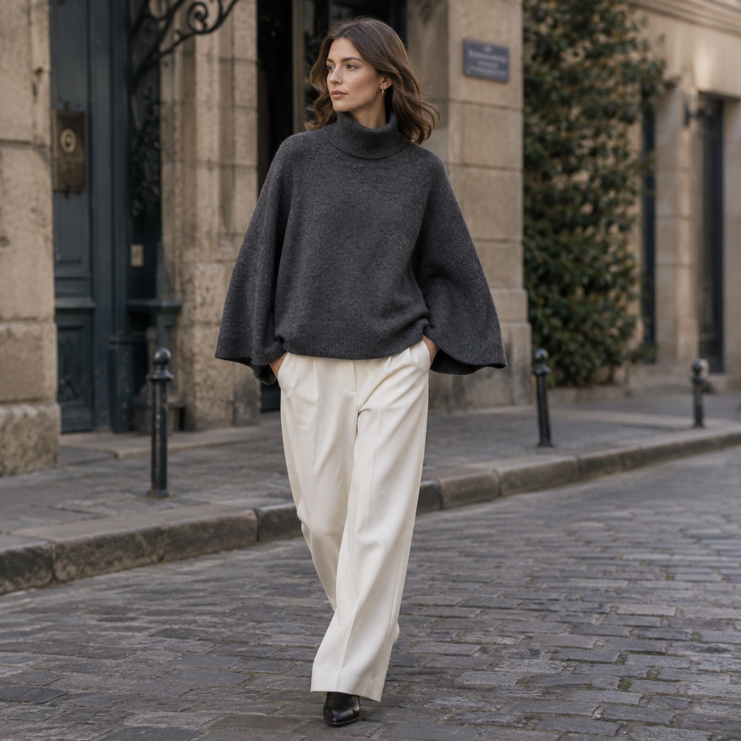 Maglione donna grigio scuro con collo alto dolcevita e maniche ampie, vista frontale