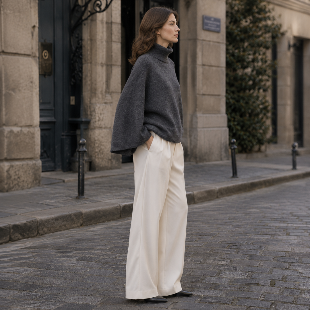 Maglione grigio di profilo con maniche svasate e polsini a coste