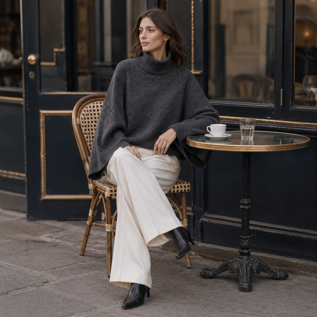 Donna seduta con maglione grigio dolcevita, maniche ampie e bordo a coste